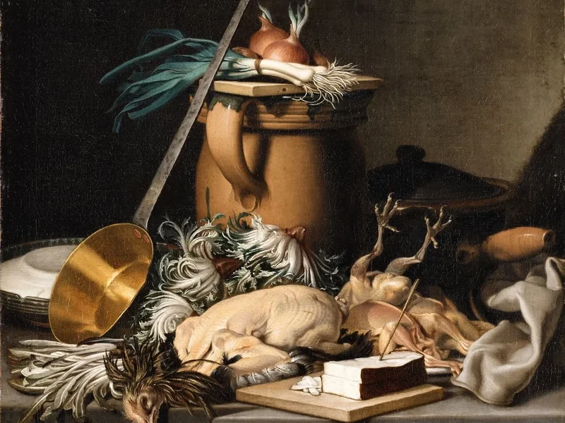 1728-Nicolas Henri Jeaurat de Bertry - Natura morta in cucina con pollame, verdure e pane